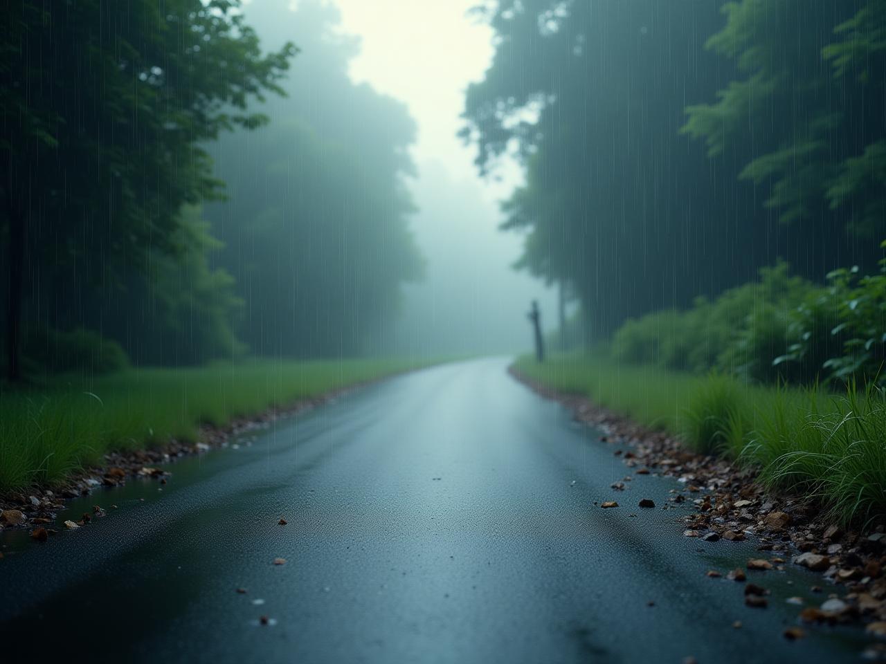 A peaceful landscape with rain falling gently, symbolizing the RAIN technique for managing emotions.
