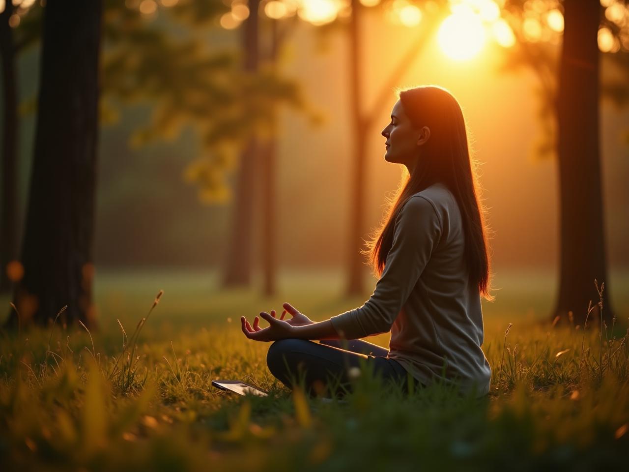 A person meditating peacefully in nature, surrounded by trees and sunlight. A biofeedback sensor is subtly visible.