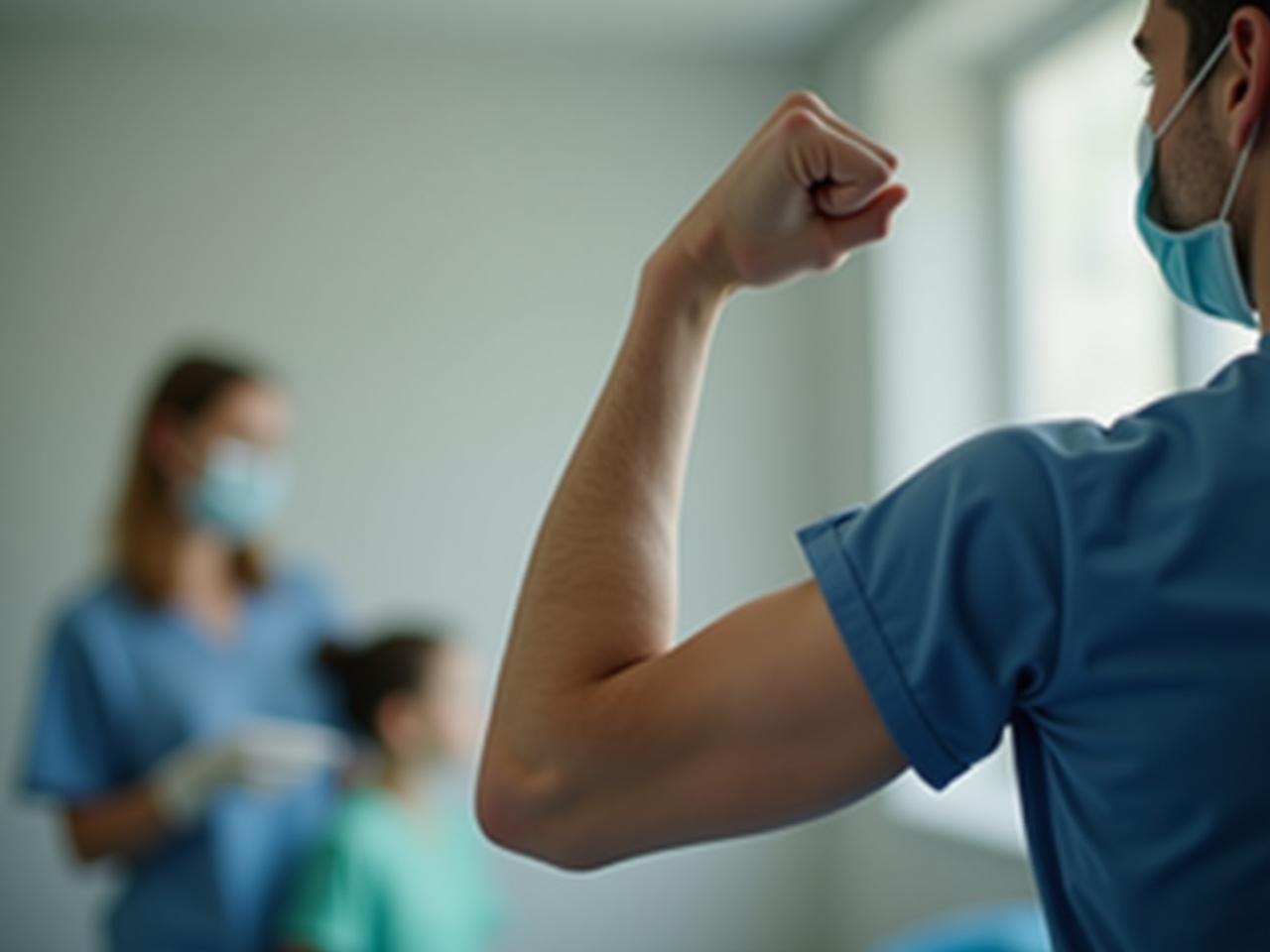 A person flexing their arm to show muscle definition, with a background blurred to suggest a medical setting.