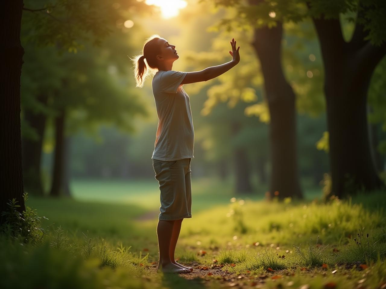 Person moving freely and naturally in an outdoor environment, connecting with nature and their body.