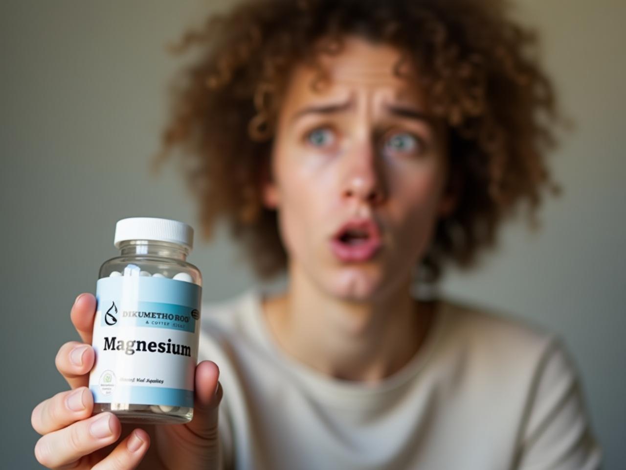 A bottle of magnesium supplements with a questioning expression on a persons face in the background.