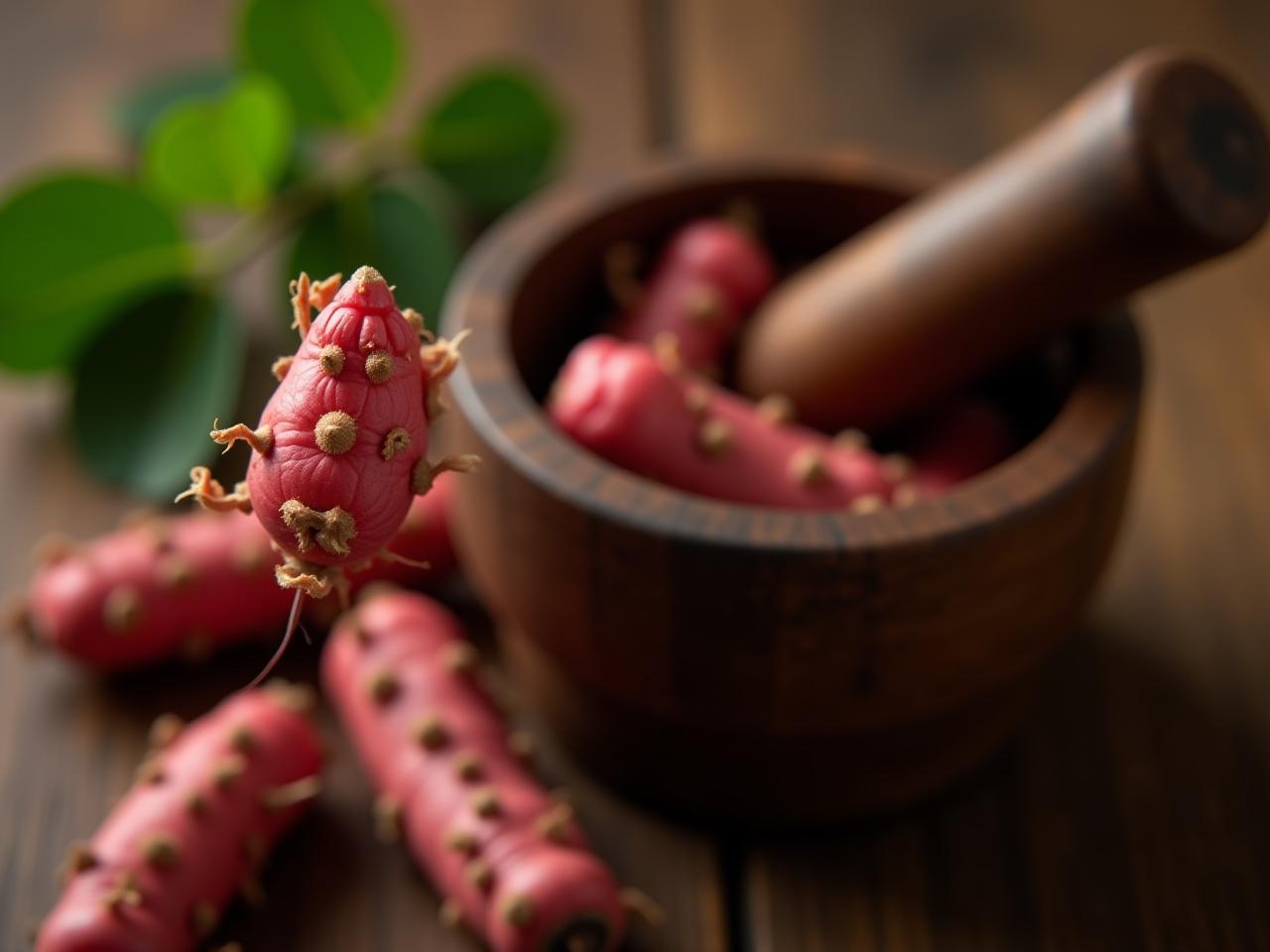 Close up image of Rhodiola Rosea root with a mortar and pestle on a wooden table.