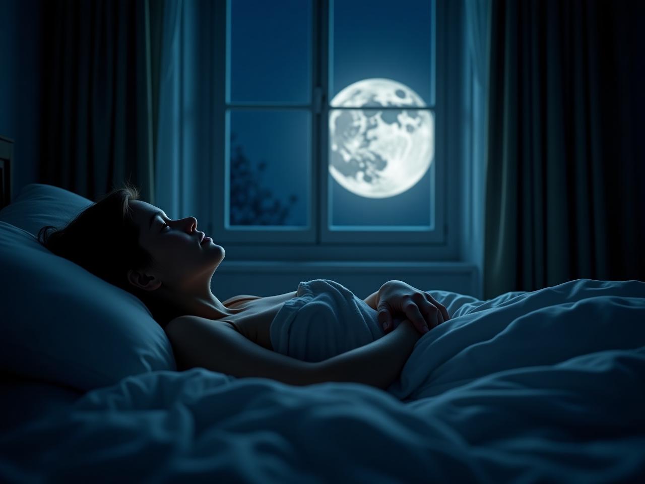 A person lying awake in bed looking at a full moon through the window.