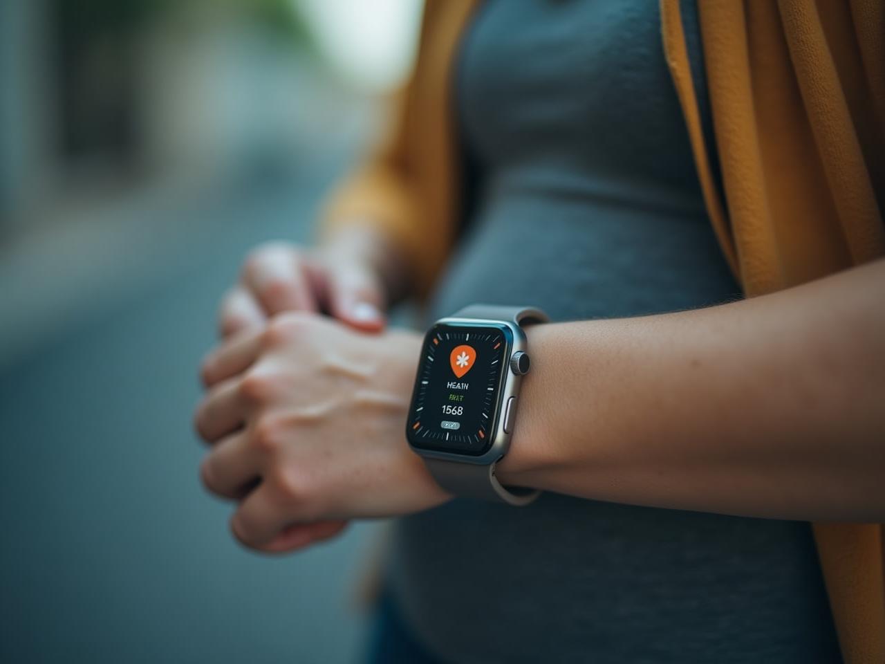 A person using a smartwatch to track their health data, with a healthy lifestyle concept in the background.