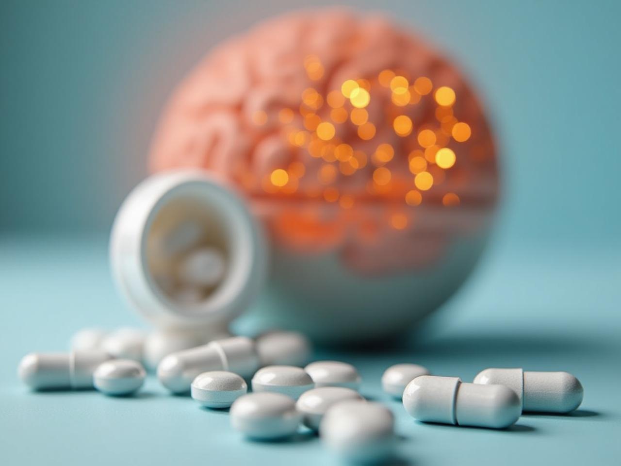 Pills and supplements, specifically magnesium, with a brain silhouette in the background to represent brain health and the blood-brain barrier.