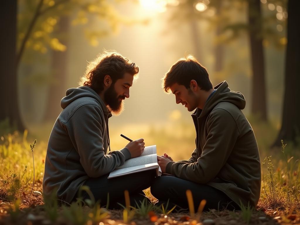 Two people studying together outdoors, symbolizing deep connection and learning.