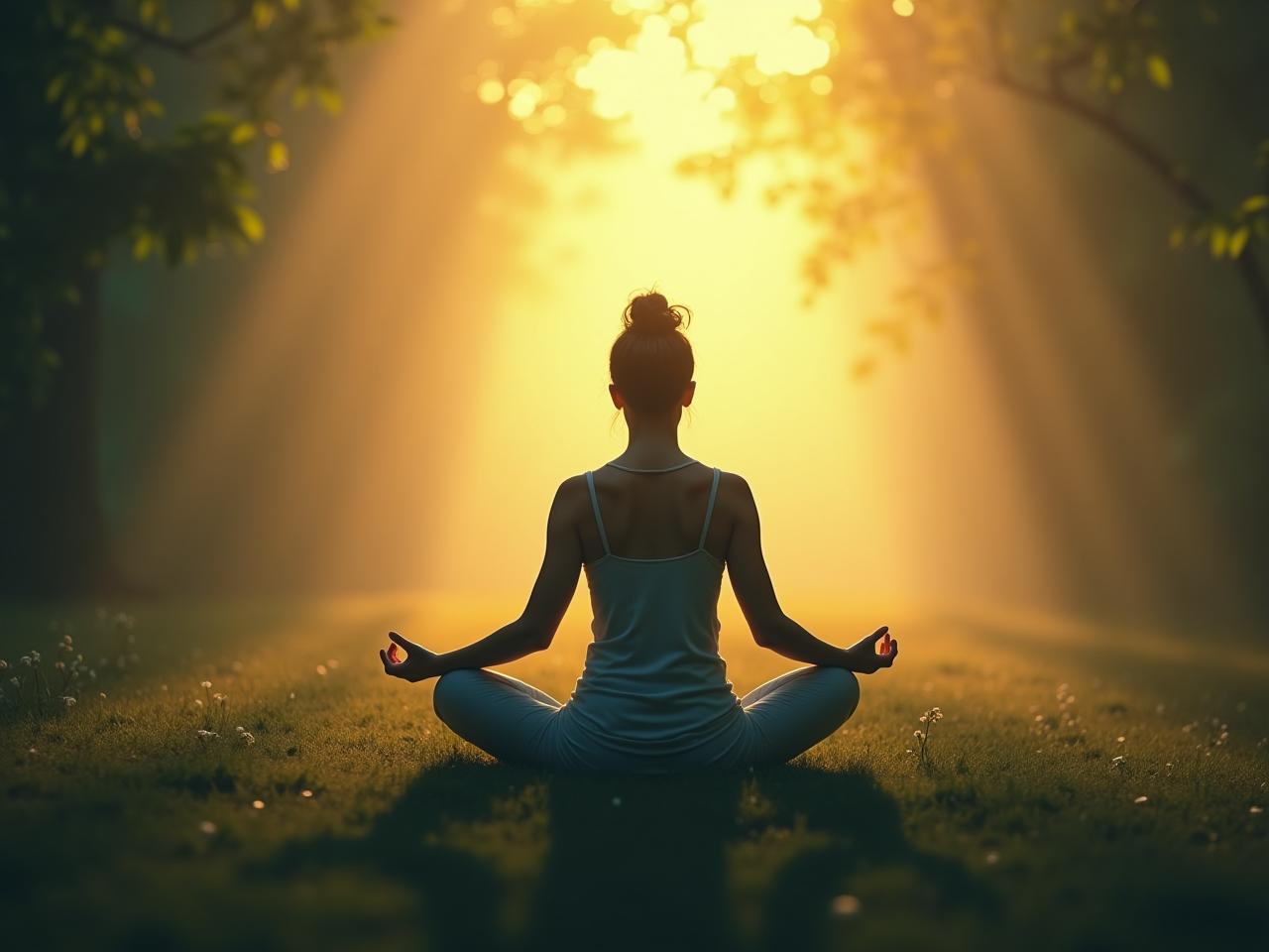 A person meditating in nature, surrounded by calming colors and light.