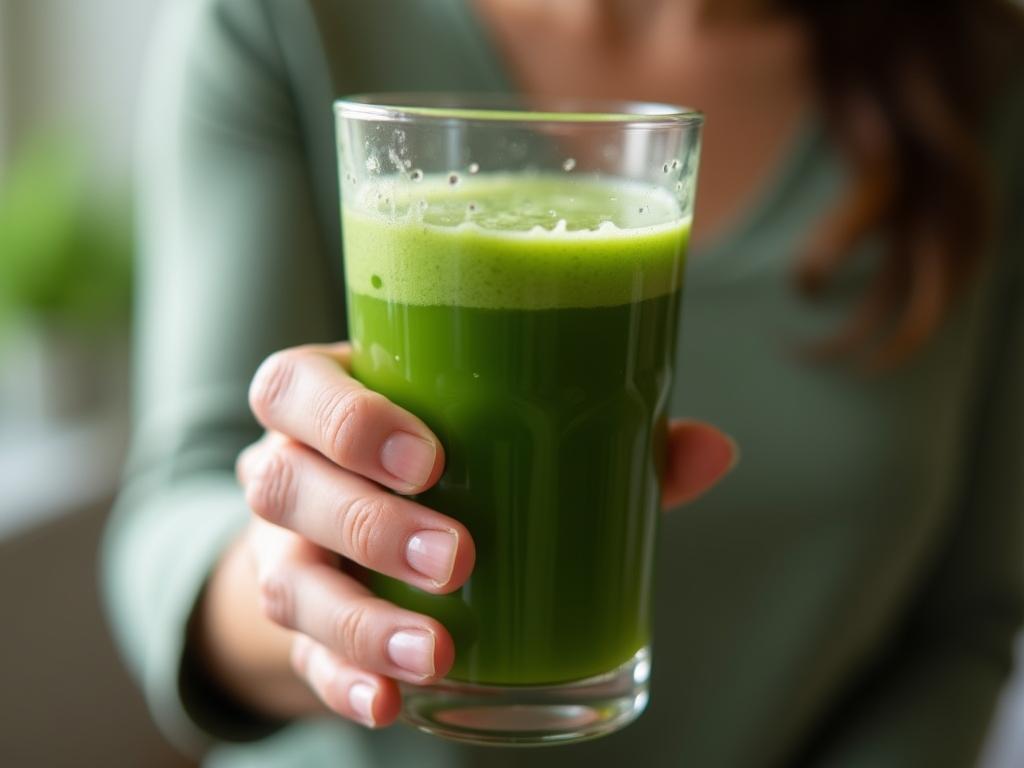 A person holding a glass of green juice, representing detoxification and health.