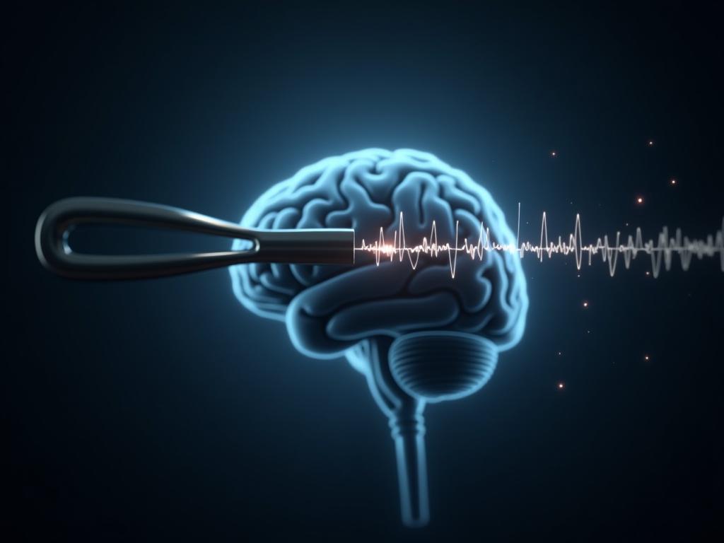 Close-up of a tuning fork vibrating near a human brain, symbolizing the connection between sound and neural activity.