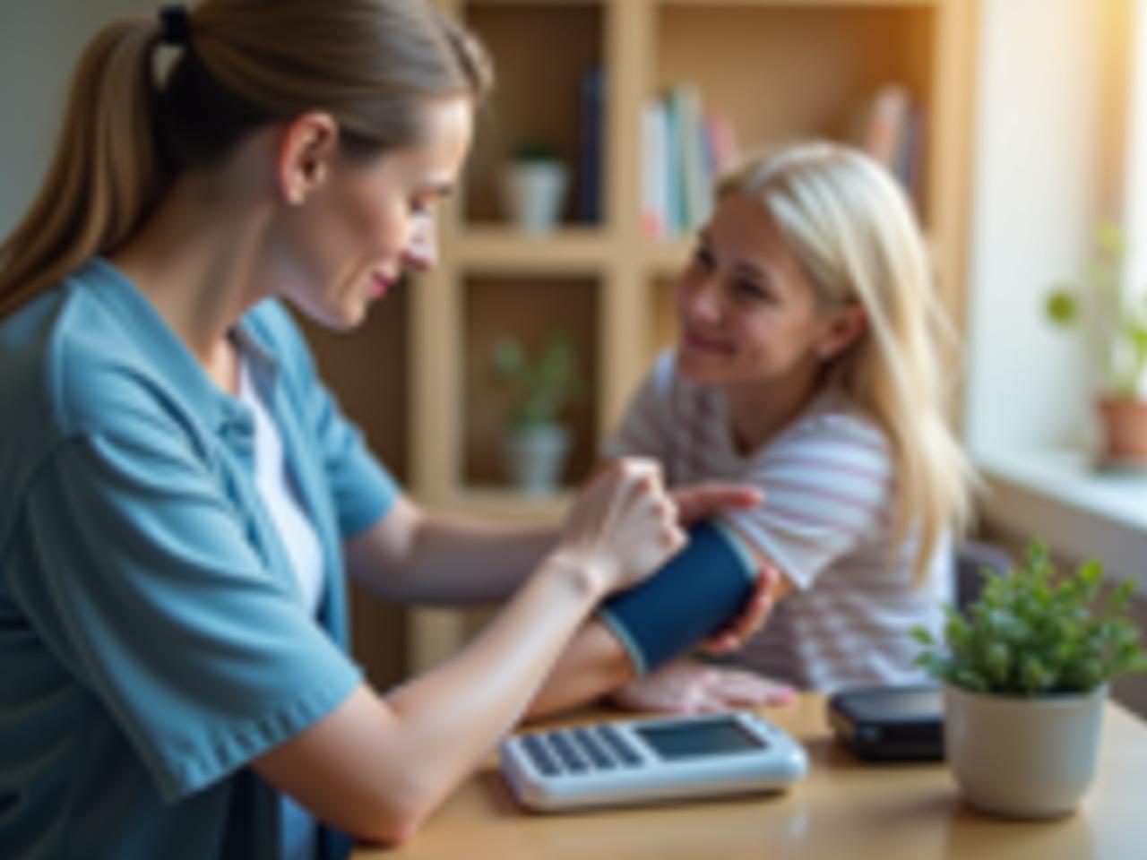 A person measuring their blood pressure at home, focusing on the correct posture and equipment.