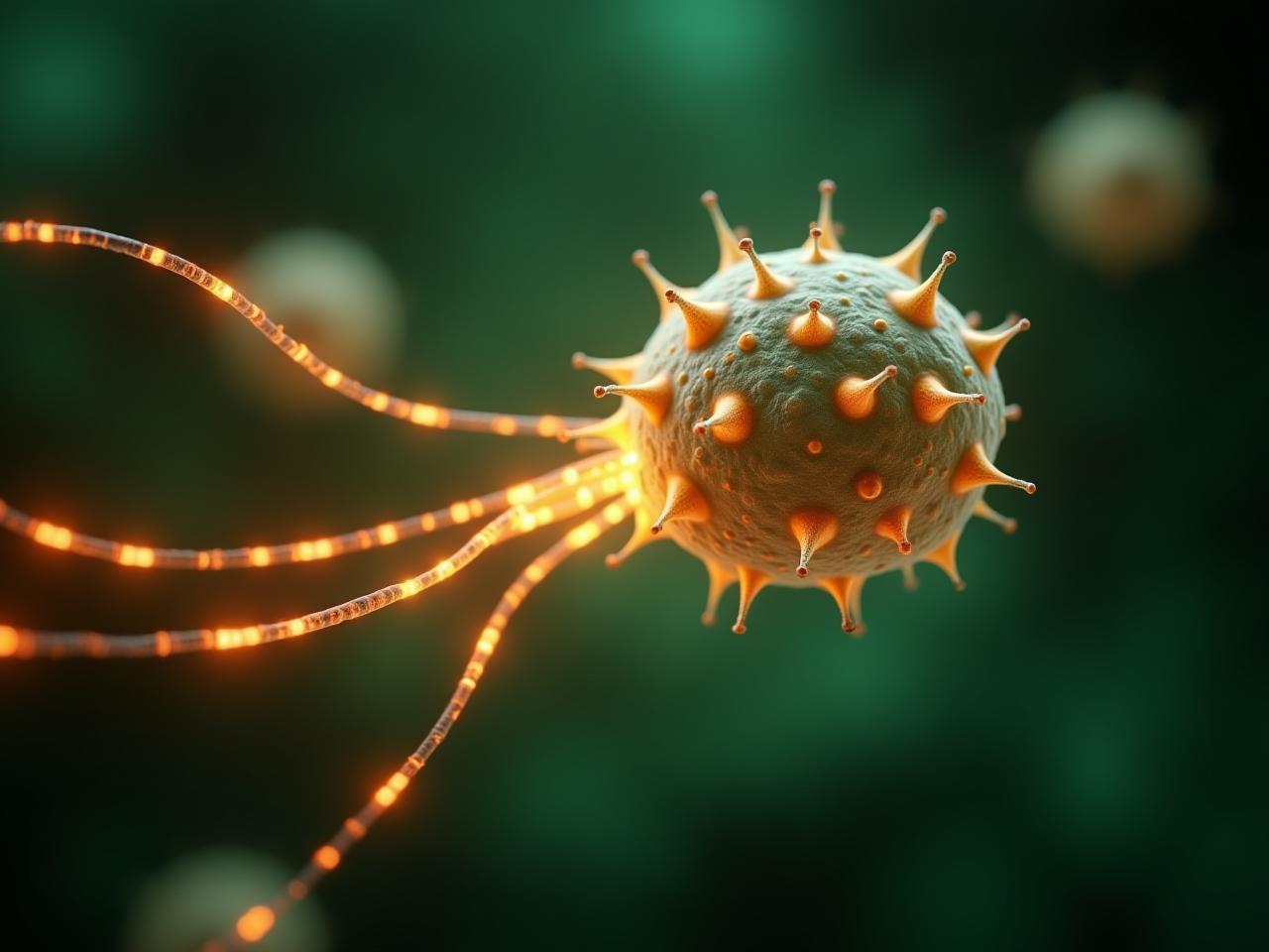 A close-up image of mitochondria, the powerhouses of cells, with glowing energy trails. The background is a blend of green and orange, symbolizing health and vitality.