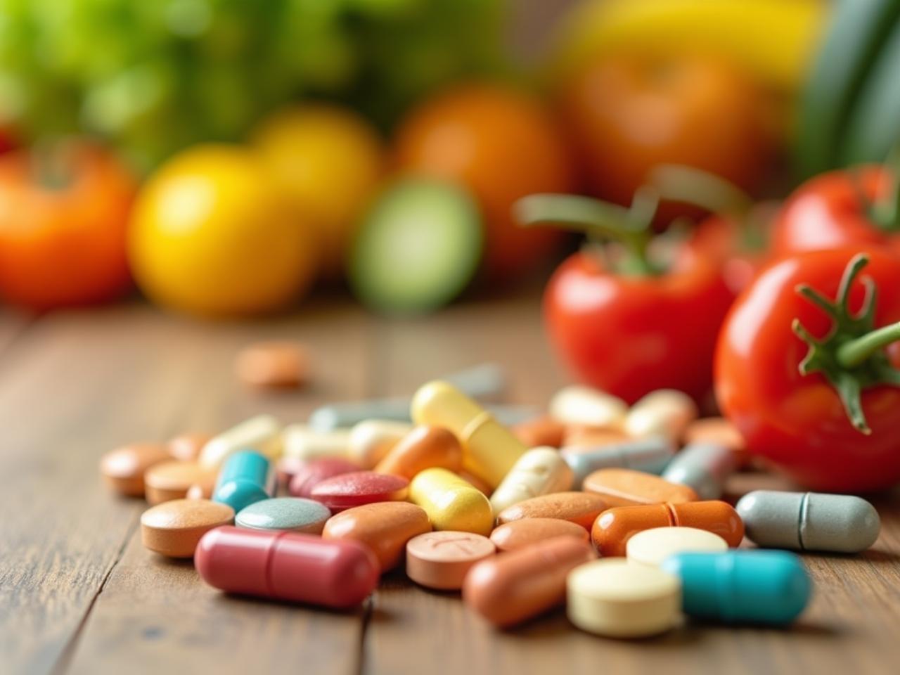 A close-up shot of various colorful vitamins and supplements scattered on a wooden table, with a blurred background of fresh fruits and vegetables, suggesting a healthy lifestyle and nutritional awareness.