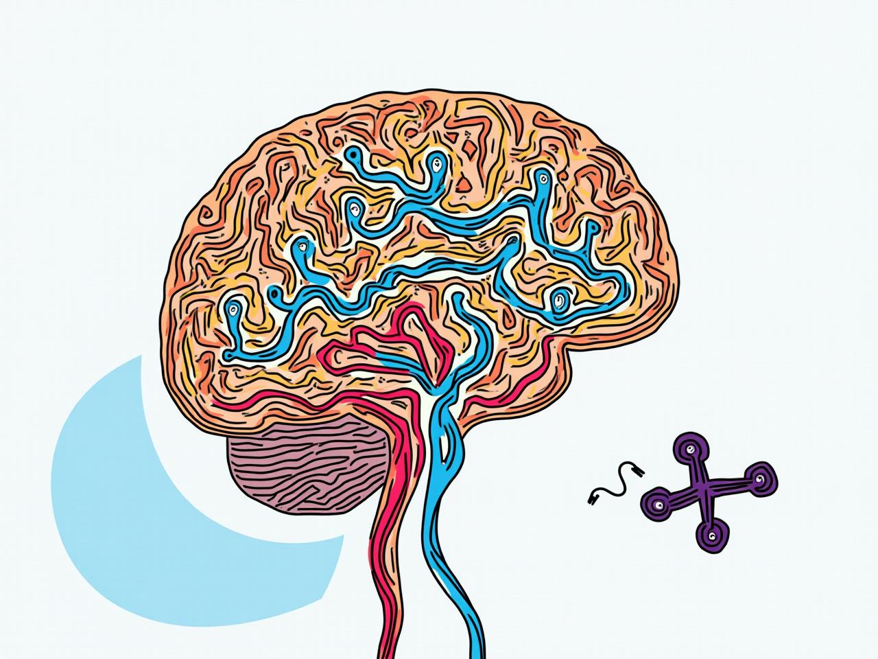 A colorful image depicting a brain with vibrant pathways and connections, with a small illustration of a choline molecule nearby. The overall tone is informative and slightly whimsical.