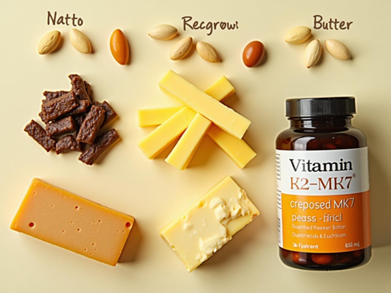 Image of healthy foods rich in Vitamin K2-MK7, such as natto, hard cheeses, and grass-fed butter, along with a supplement bottle of Vitamin K2-MK7.