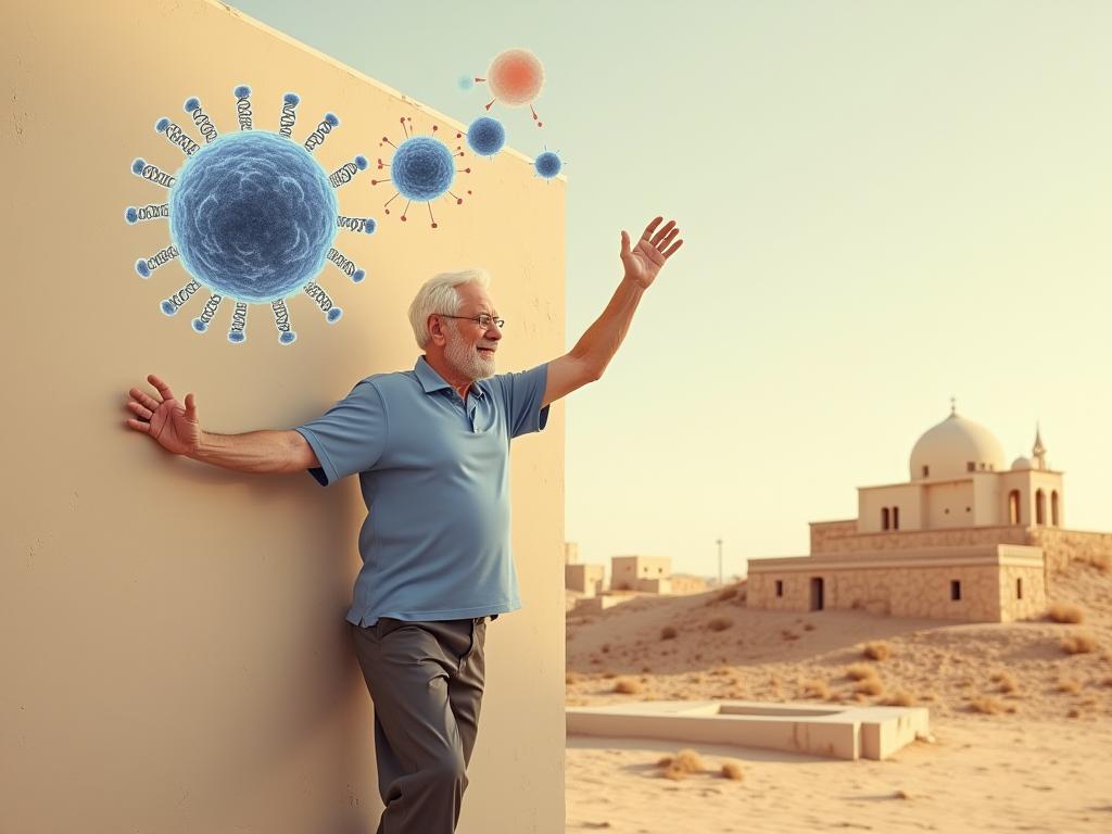 An elderly man doing isometric exercises against a wall, superimposed with an illustration of telomeres and DNA strands. The background includes a desert landscape and a traditional Israeli home.