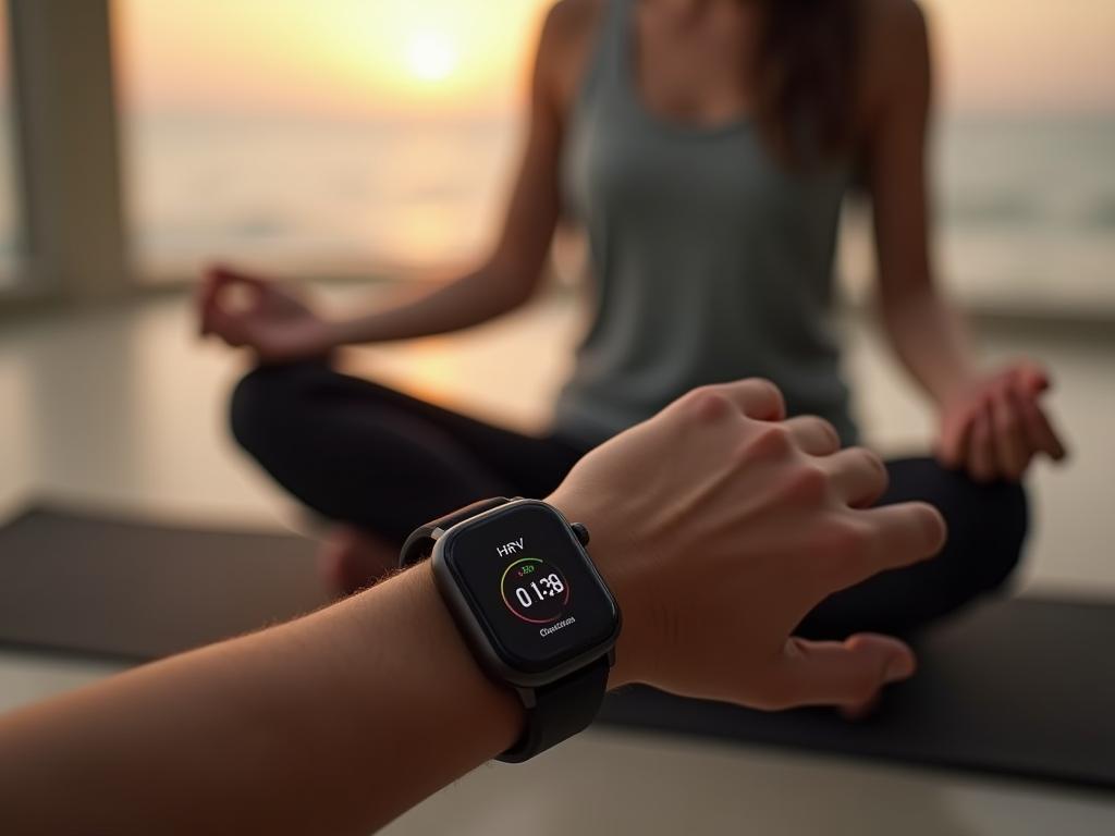 A smartwatch displaying HRV data, with a person practicing meditation in the background.