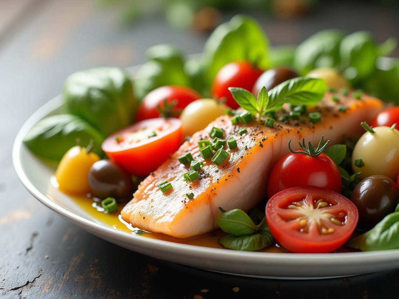 Image of a colorful plate of healthy Mediterranean food, with fresh vegetables, olive oil, and fish.