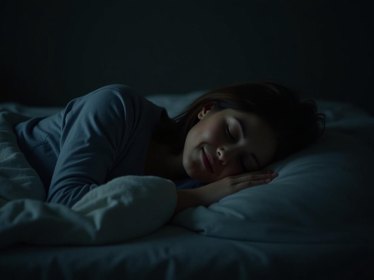 Person sleeping peacefully in a dark, cool room.