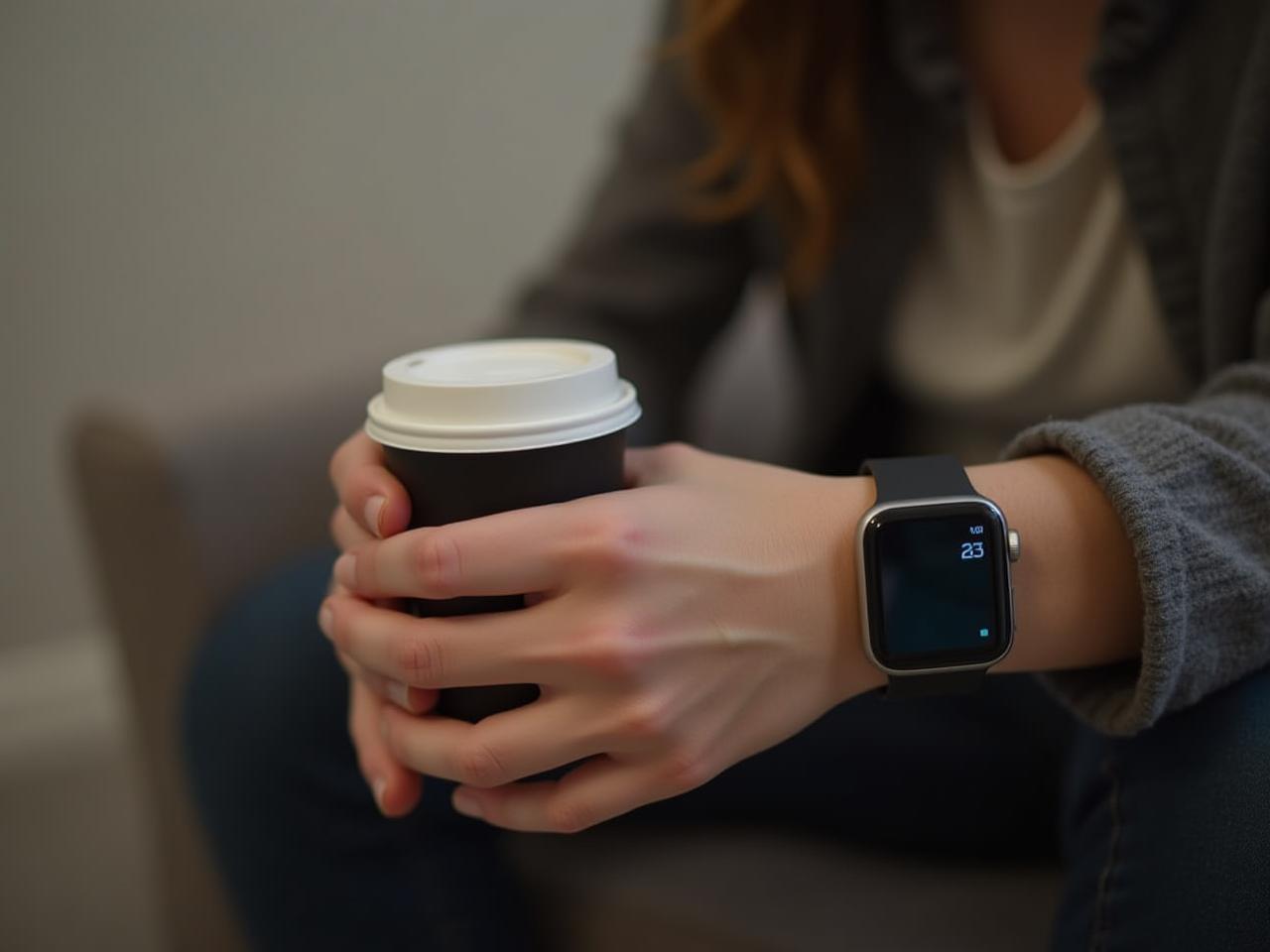 A person wearing a smart watch and holding a cup of coffee, looking thoughtful.