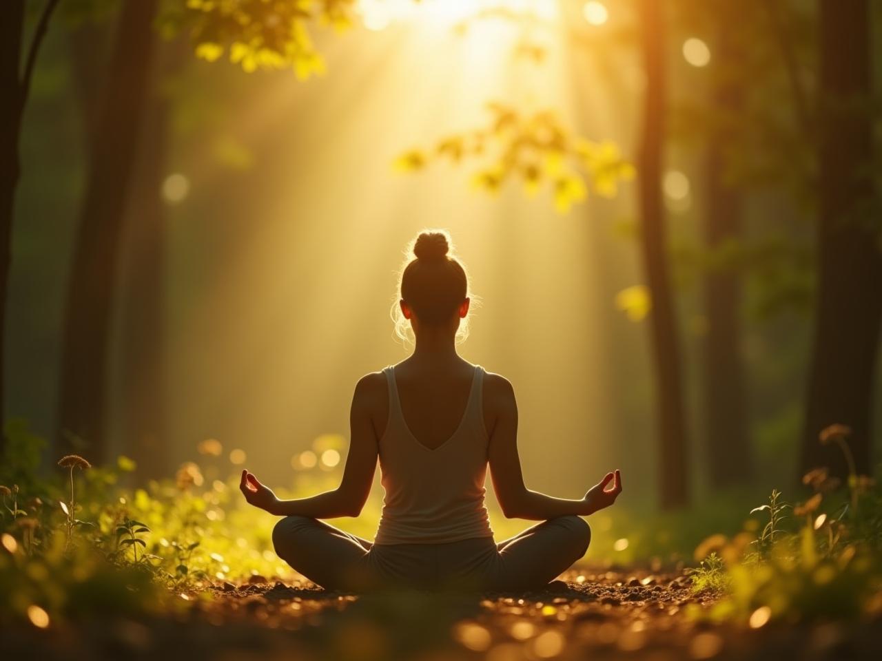 A calm person meditating in nature, with sunlight filtering through the trees.
