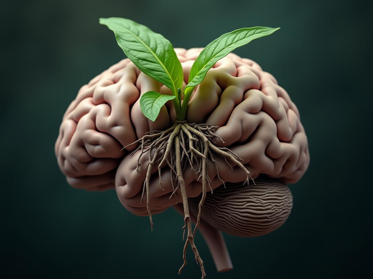 A close-up shot of a brain with intertwined roots of a plant growing within, symbolizing the potential connection between plant enzymes and brain health.