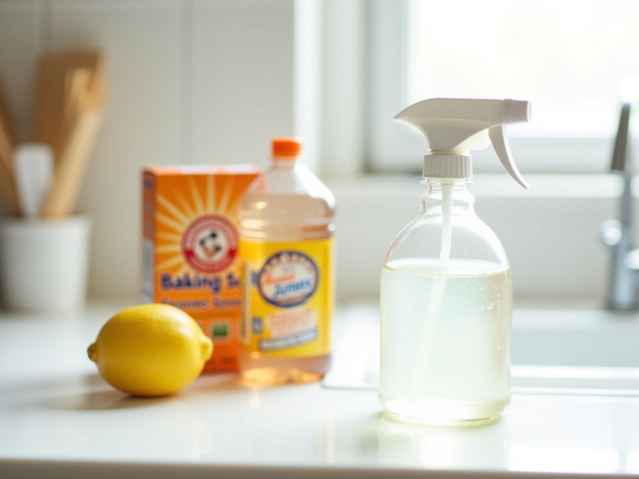Image of a sparkling clean kitchen counter with a lemon, a box of baking soda, and a spray bottle of vinegar.