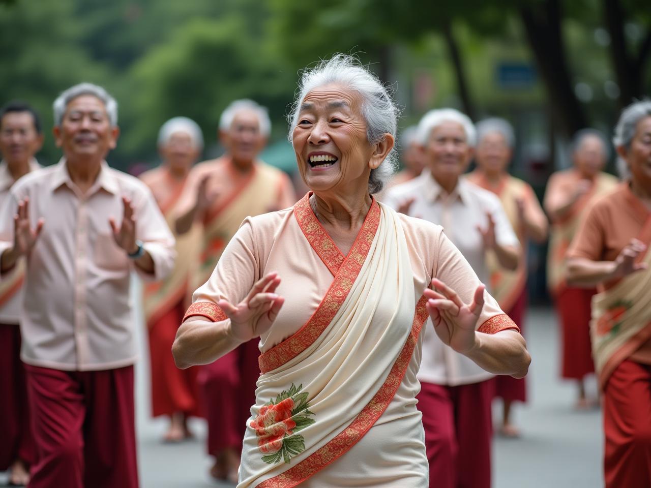 A group of elderly people from Okinawa, Japan, practicing a traditional dance outdoors, showcasing their vitality and mobility.