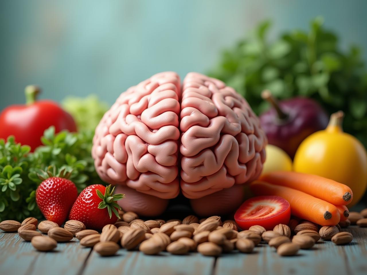 A brain surrounded by healthy food like vegetables, fruits, and nuts, with a calm and peaceful background.