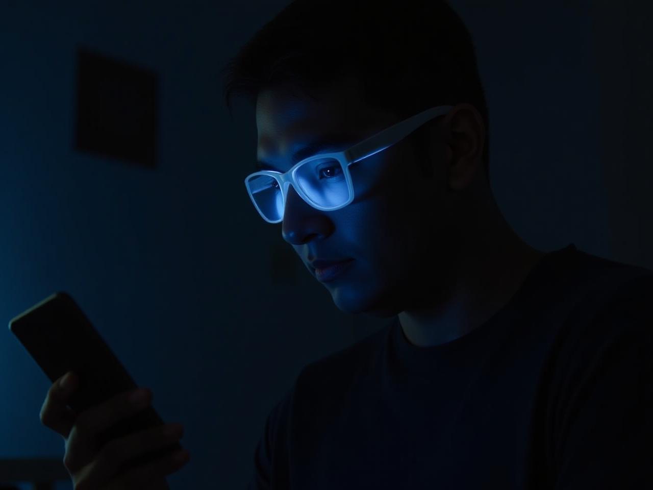 A person wearing blue light glasses while looking at a phone screen in a dimly lit room.