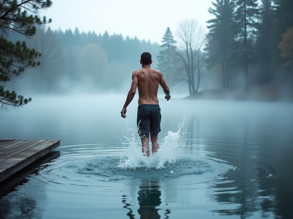 A person jumping into a cold lake after sauna, representing the Finnish method of using hot and cold for health benefits.