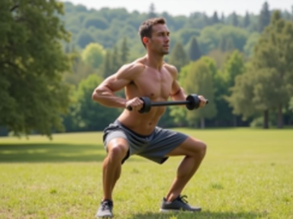 A person doing a squat outdoors, demonstrating a weight-body exercise. The background shows a natural environment, emphasizing the natural movement philosophy.