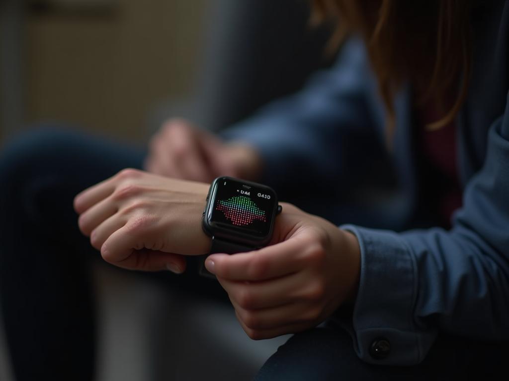 A person using a smartwatch to monitor their heart rate and analyze their voice patterns.