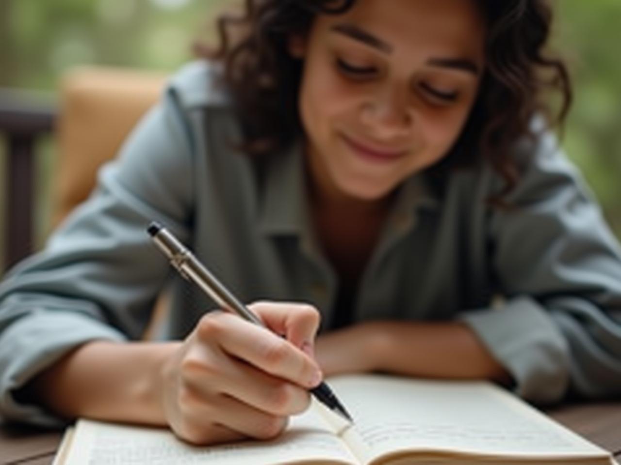 A person writing in a journal with a peaceful expression on their face.