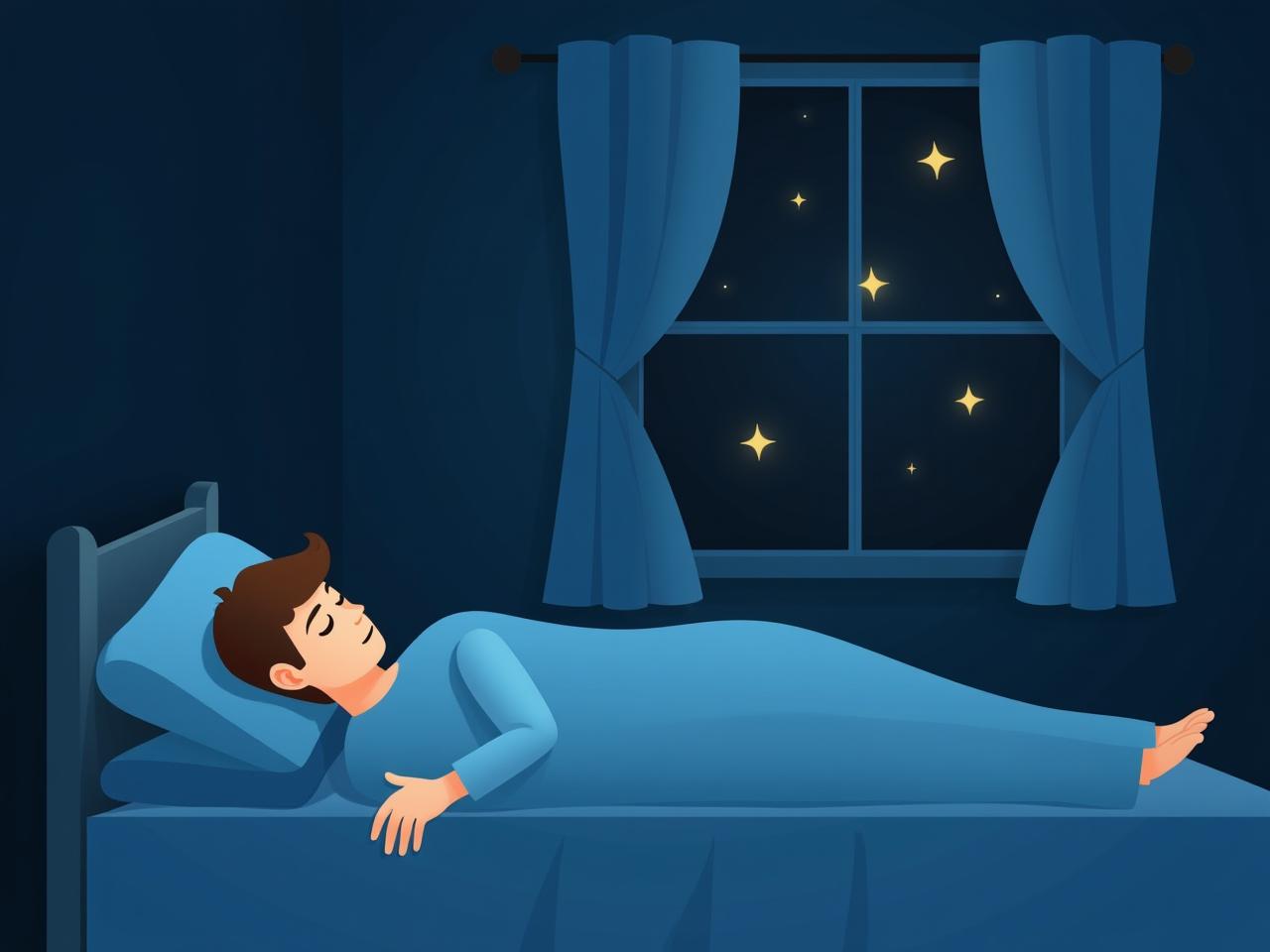 A person lying in bed, relaxed and eyes closed, with a starry night sky visible through the window, symbolizing peaceful sleep.