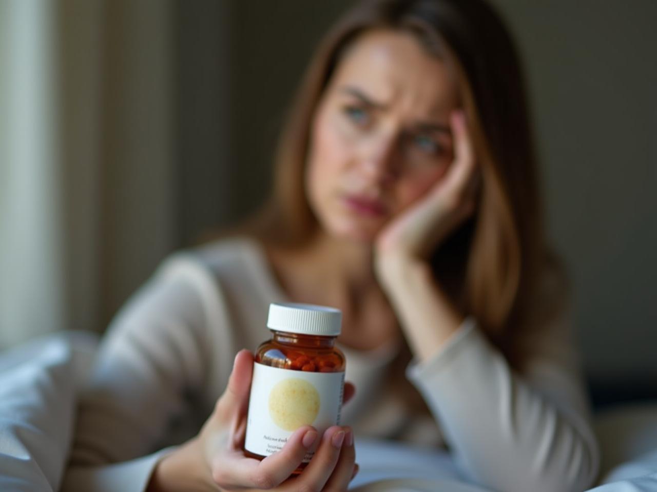 A woman looking thoughtfully at a bottle of melatonin pills, with a worried expression on her face.