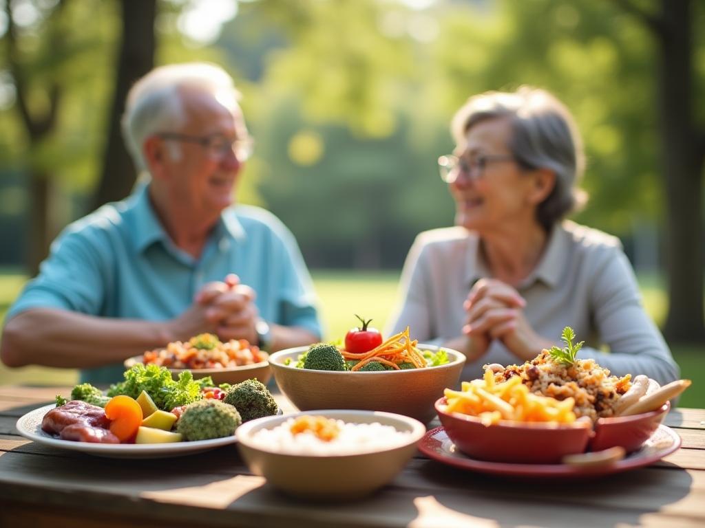 A vibrant photo showcasing a mix of traditional Japanese foods alongside active seniors participating in gentle exercises in a park setting.