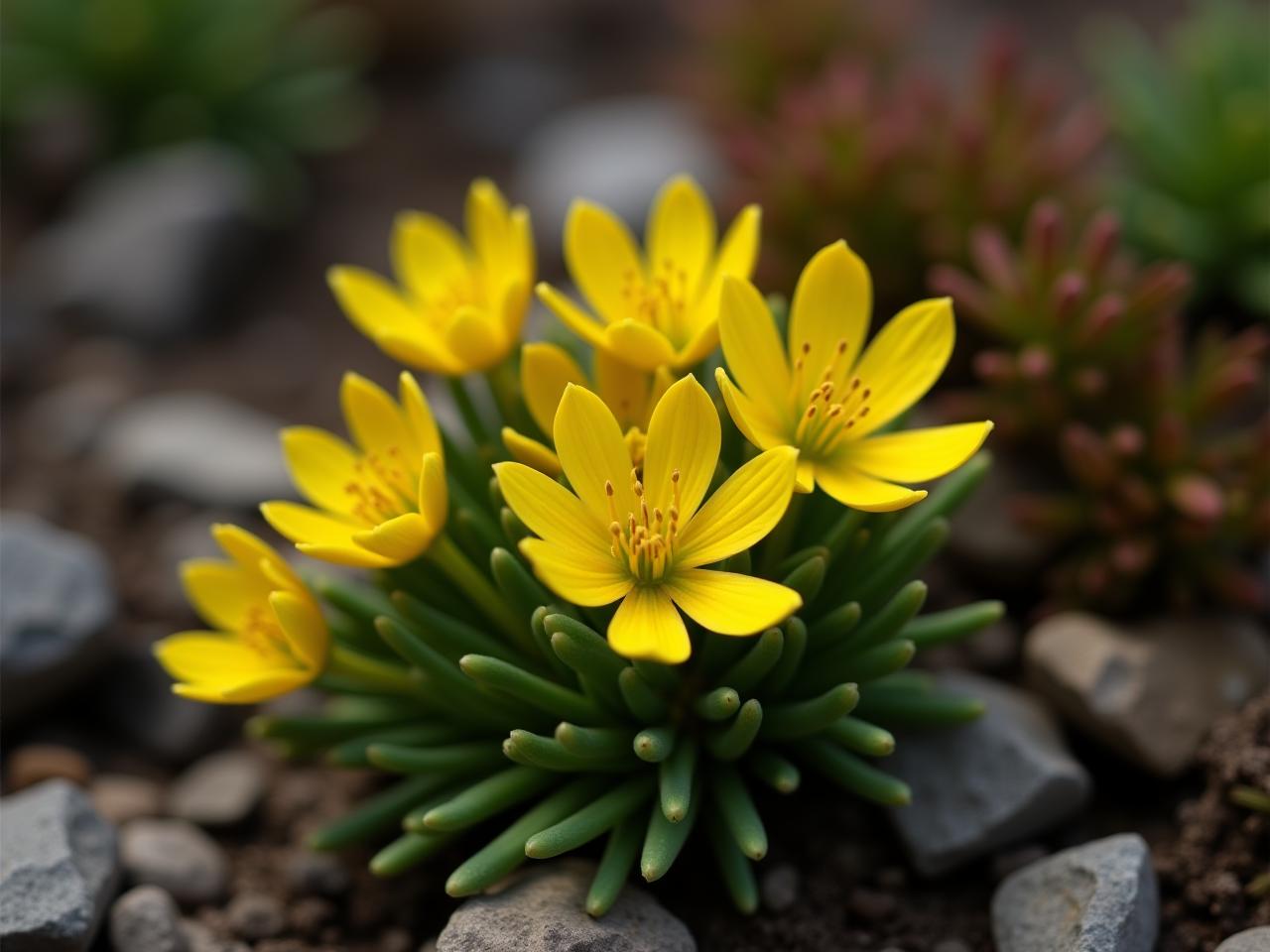 A close-up of Rhodiola rosea, a flowering plant with yellow petals, growing in a rocky, mountainous environment.
