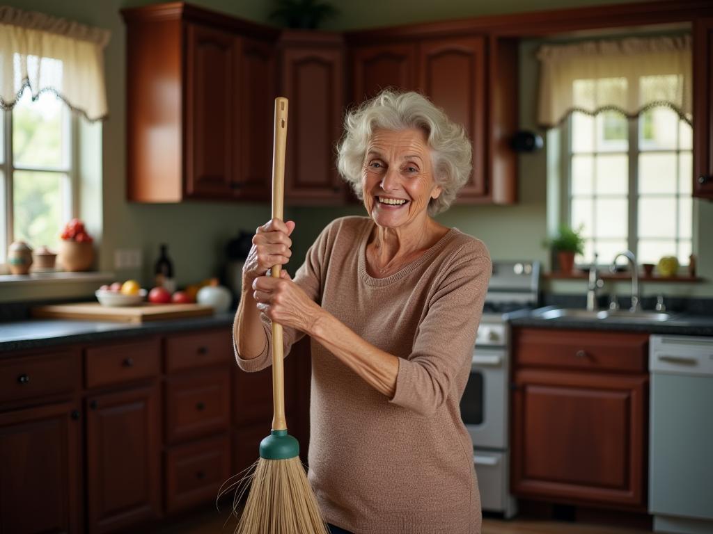 An elderly woman dancing tango with a broom in her kitchen, smiling and looking energetic.