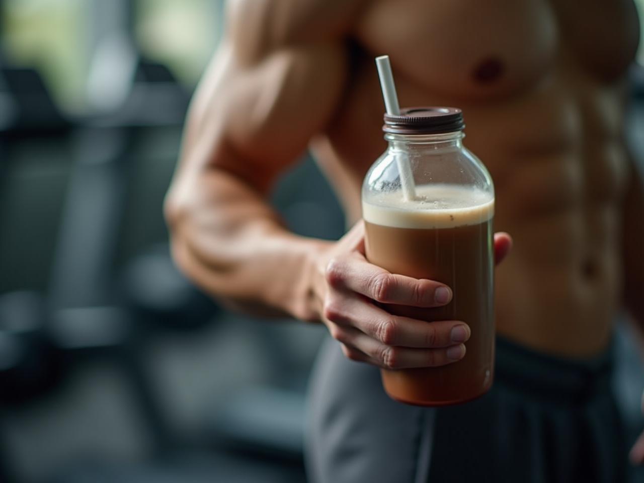 A person holding a protein shake after a workout, with gym equipment in the background.