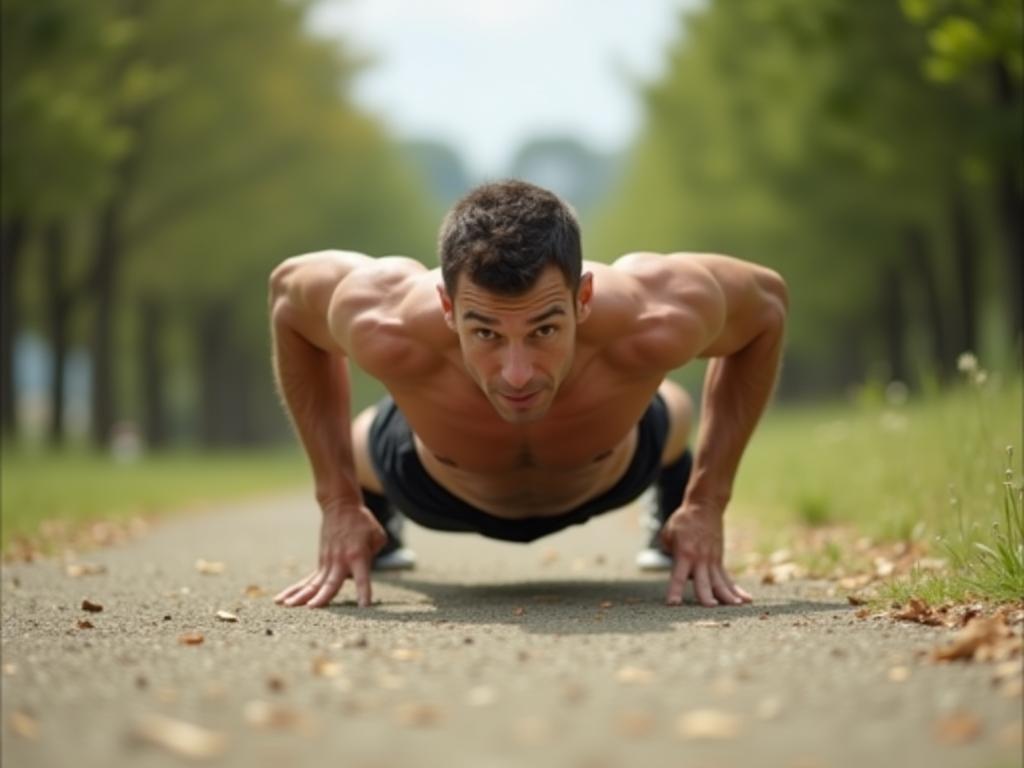 A person performing a push-up outdoors, emphasizing natural movement and body awareness.