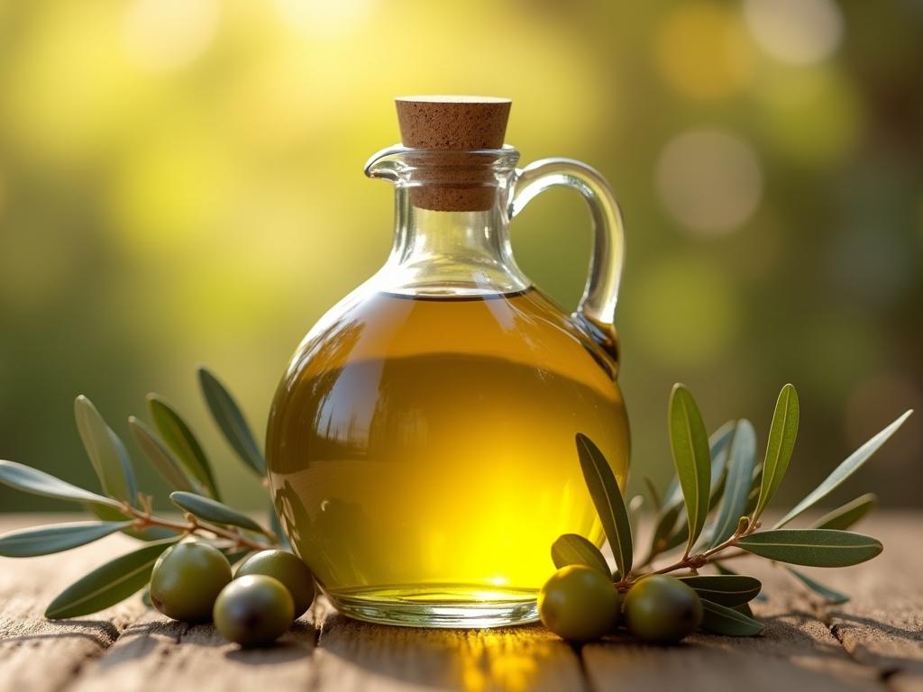 A bottle of high-quality olive oil with olives and olive branches in the background, symbolizing the connection between tradition and modern science in promoting health and longevity.