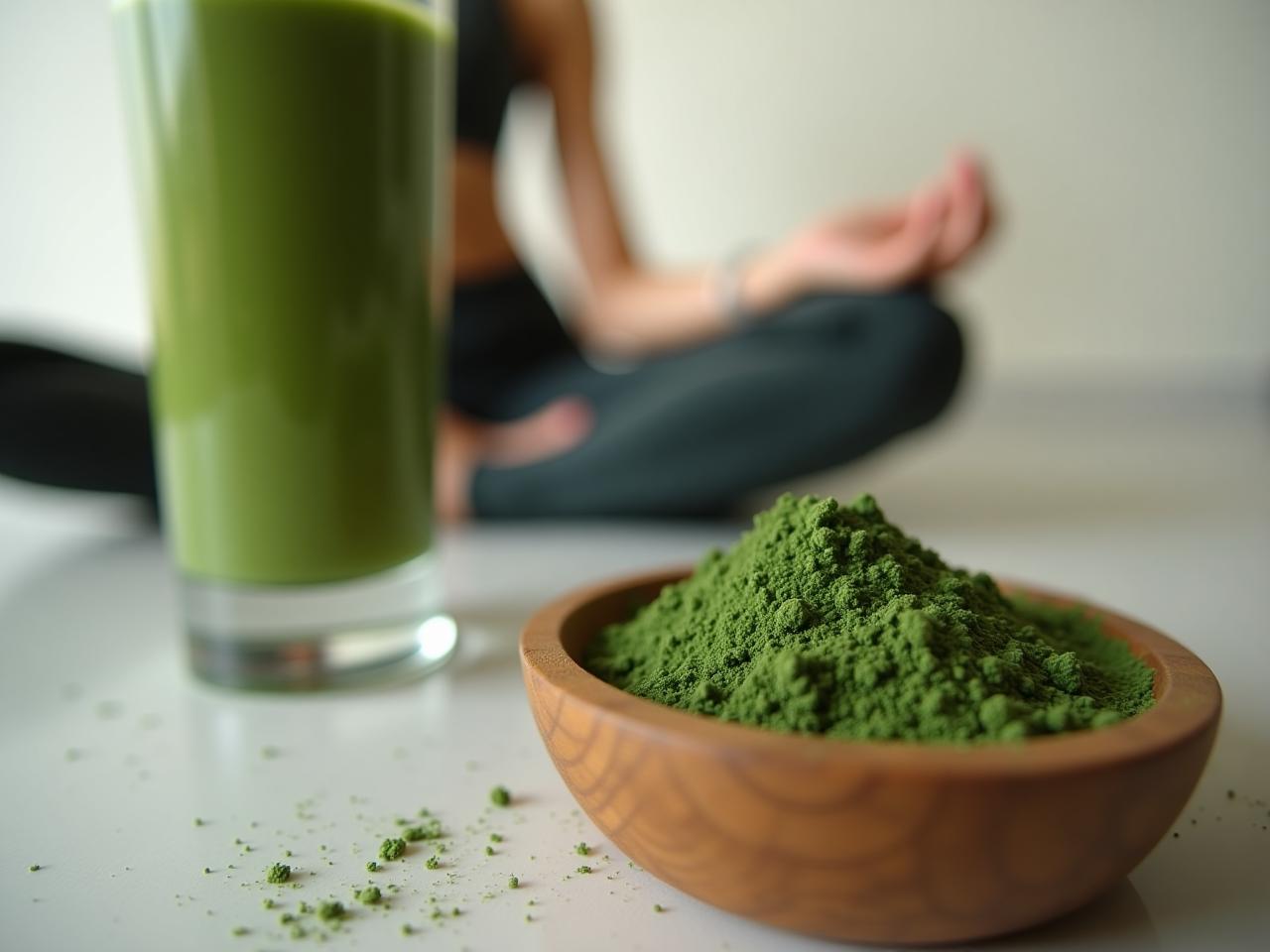Close-up of spirulina powder in a small bowl, with fresh green smoothie and a woman doing yoga in the blurred background.