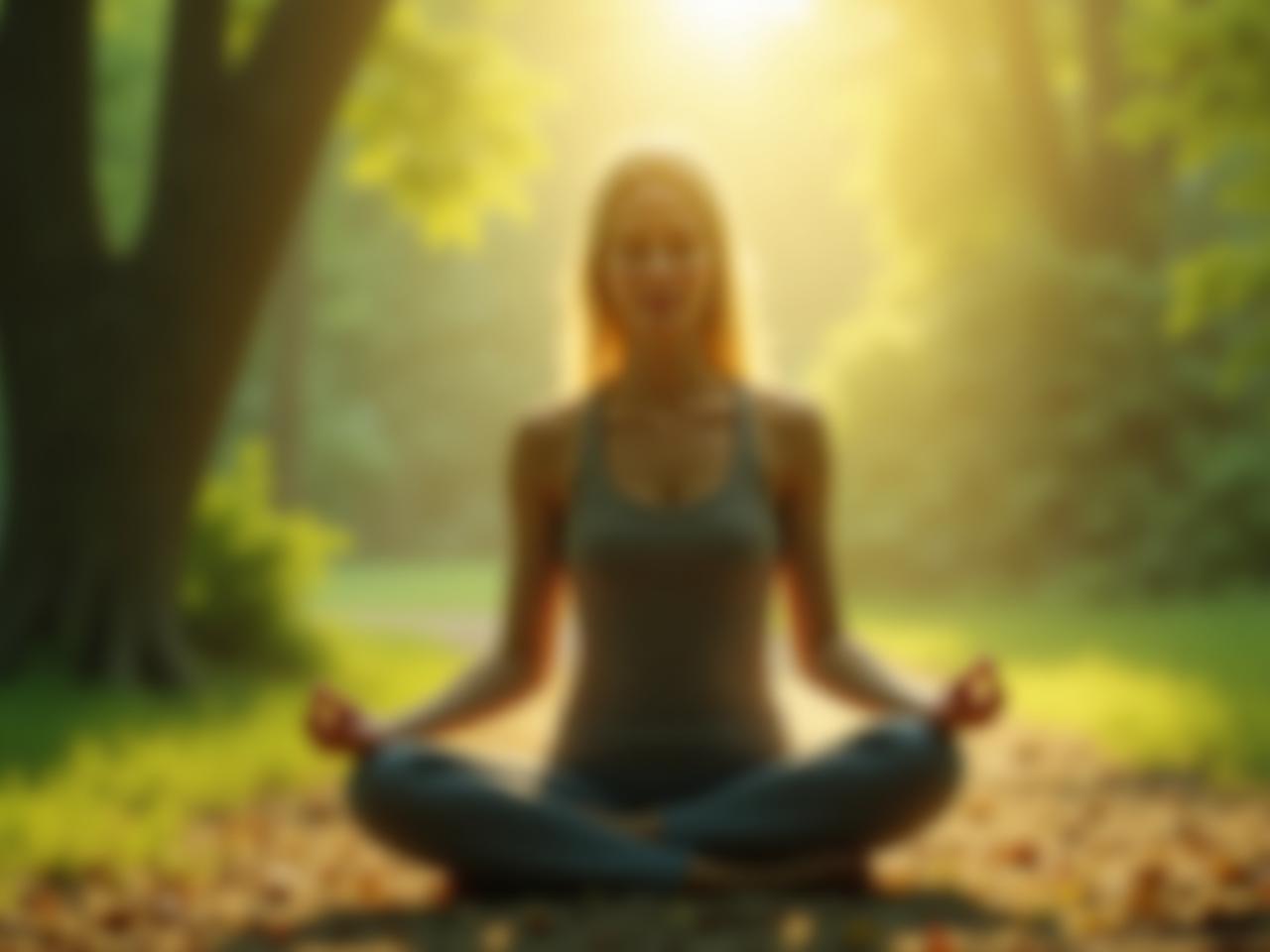 A person meditating in a peaceful environment, surrounded by nature. The image represents stress relief and mental well-being.