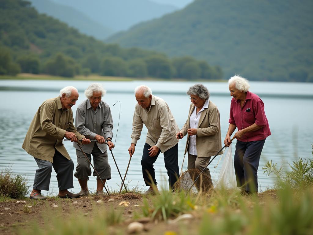 A group of elderly people in Okinawa, Japan, engaged in natural movement activities like gardening and fishing, symbolizing a long and healthy life.