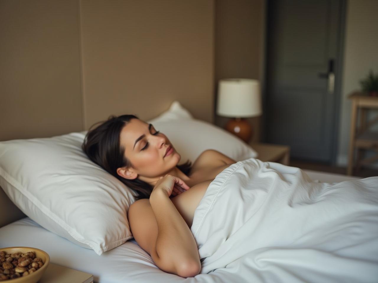 A person sleeping peacefully in a comfortable bed, with a bowl of nuts and seeds on the nightstand.