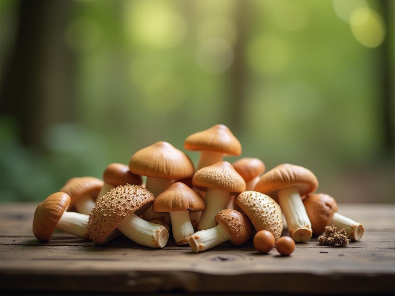 A collection of various medicinal mushrooms on a wooden table, with a blurry background of a natural setting.