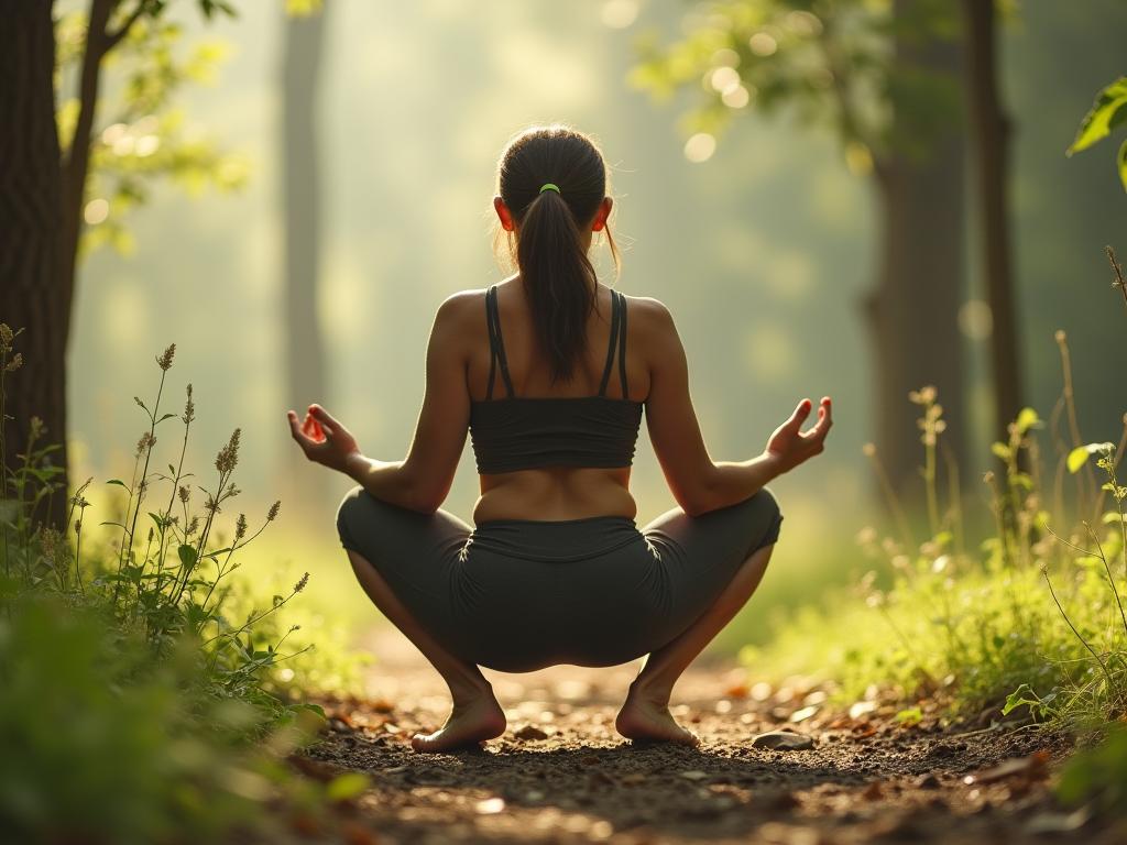 A person doing a deep squat in nature, looking relaxed and connected to the environment.