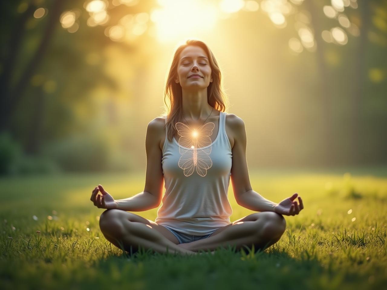 A woman meditating peacefully in nature, with a subtle graphic overlay representing a butterfly (thyroid gland) and calming waves.