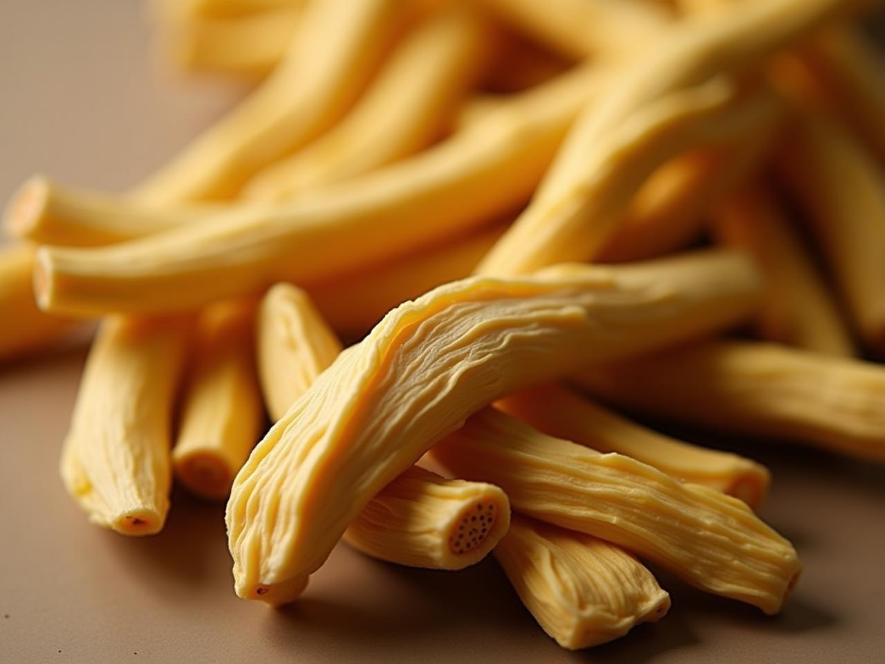 Close-up of Astragalus root, a traditional Chinese medicine used for boosting immunity and longevity.