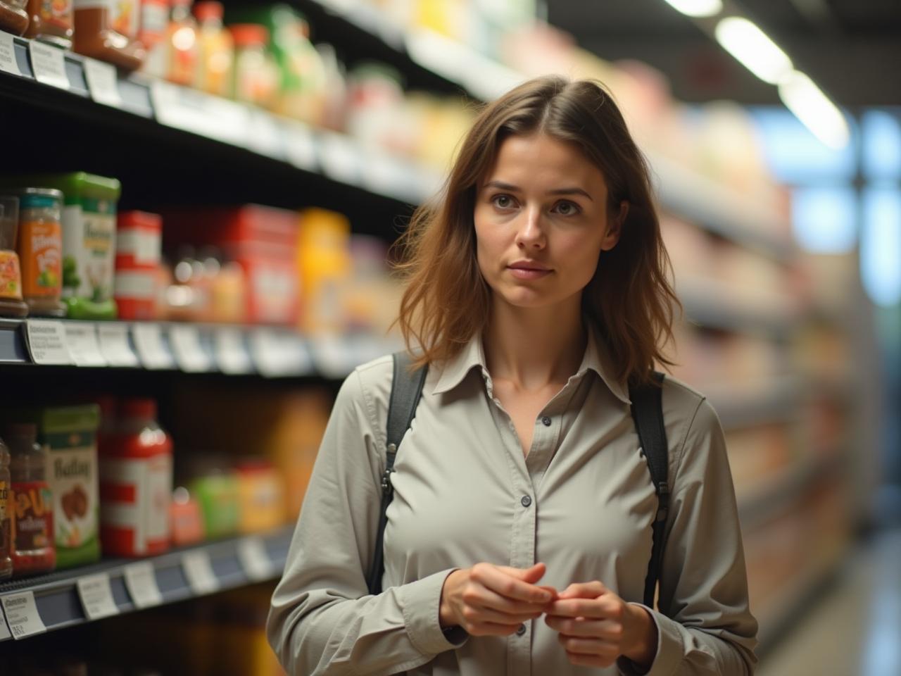A person looking thoughtfully at food labels, wondering about potential allergens.